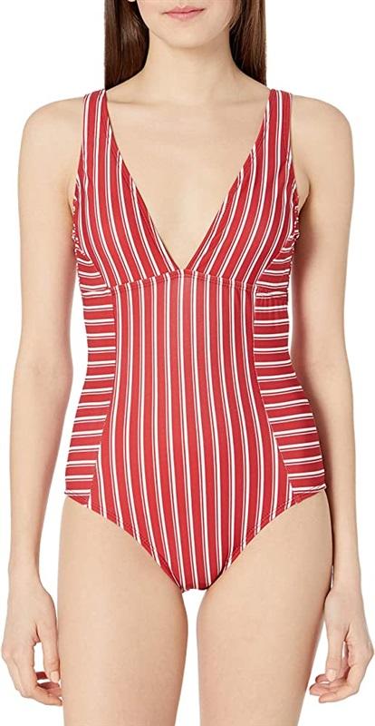 NWT Ella Moss Straight & Narrow M Red Striped Plunge One-Piece Swimsuit #103025