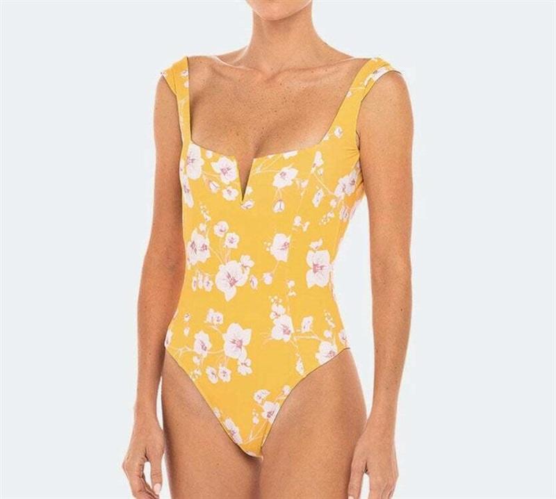 NWOT Revel Ray Ava M Yellow Floral Scoop One-Piece Swimsuit #104129
