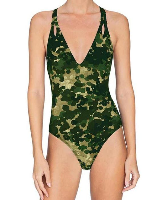 NWT Robin Piccone Eden SZ 8 Camo Plunging Halter One-Piece Swimsuit #104130