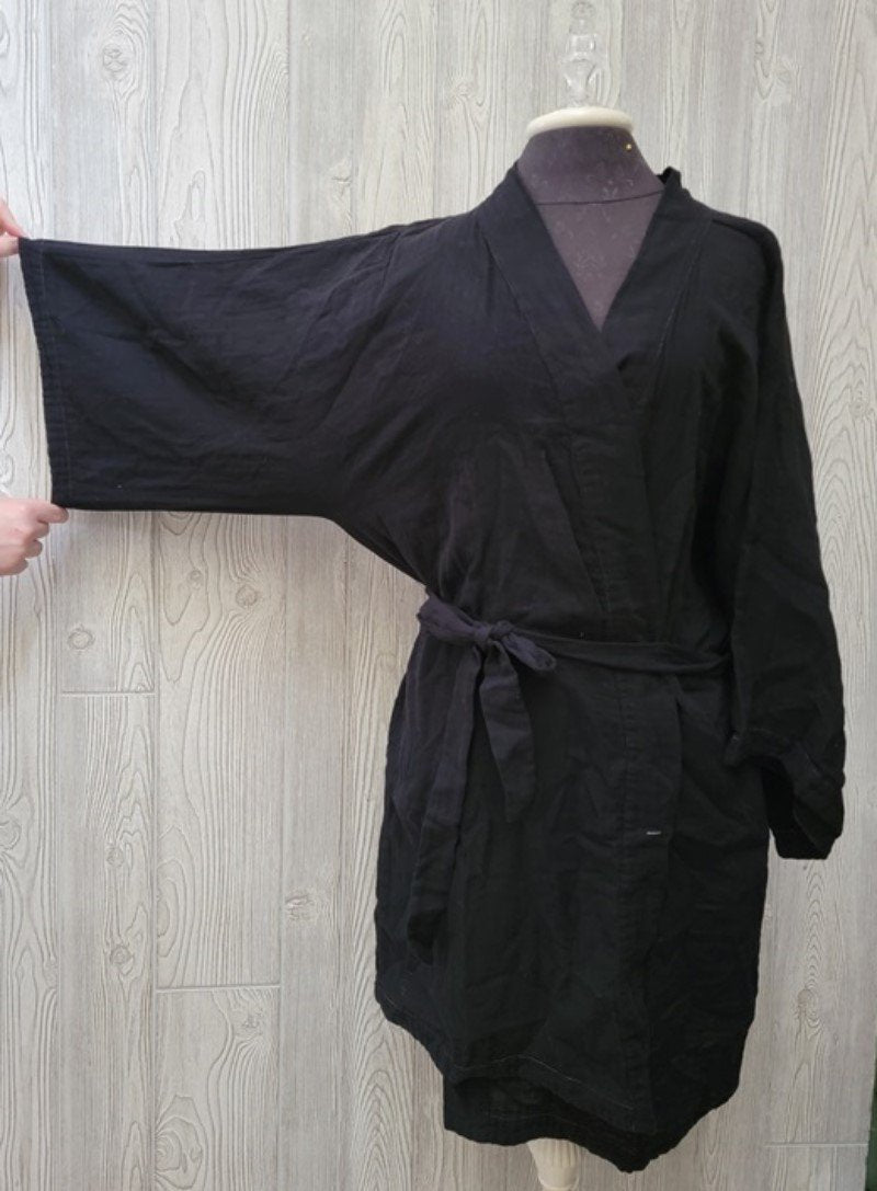 NWT Calme M Double Gauze Belted Kimono Robe Black 105209