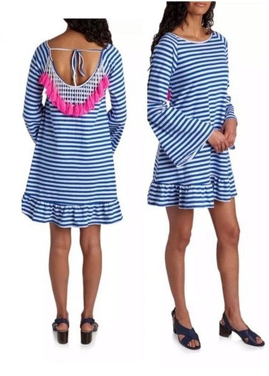 NWT Philosophy M BLue White Stripe Neon Pink Fringe Back 105218