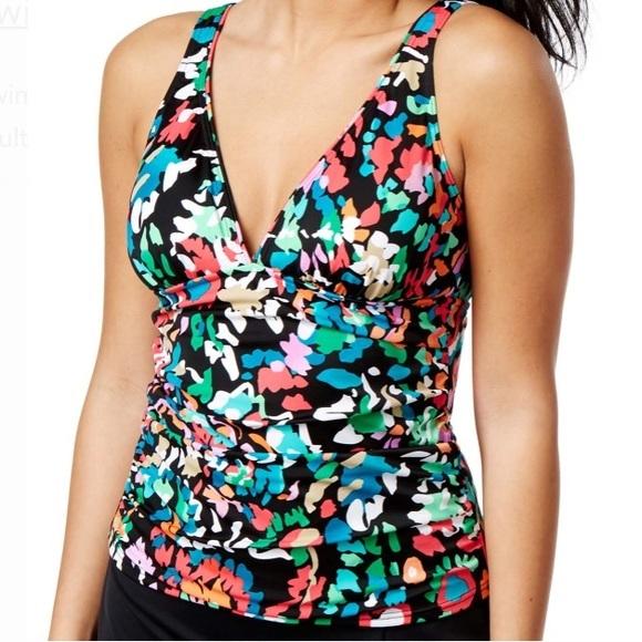NWT Swim Solutions Take Floral SZ 10 V-Neck Shirred Tankini Swim Top #105234