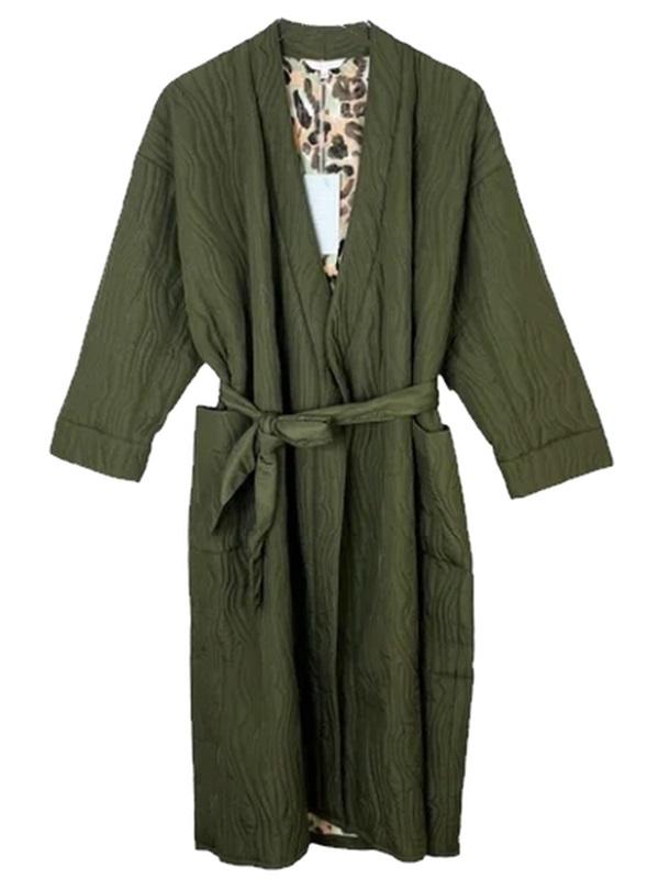 NWOT Calme L Ava Quilted Robe Coat Olive Green 106284