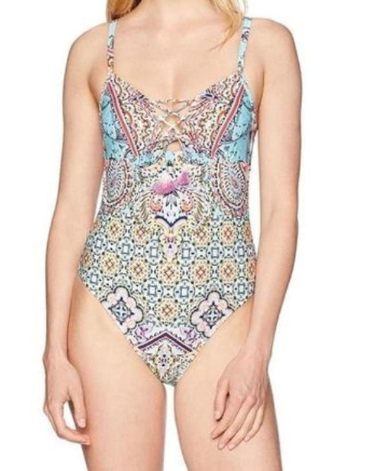 NWT Kenneth Cole Tile S Medallion Lace-Up V-Neck One-Piece Swimsuit #106306