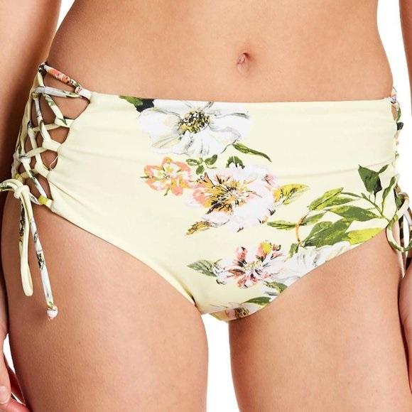 NWOT Rachel Roy Yellow Floral S Strappy High-Waist Bikini Swim Bottom #106396