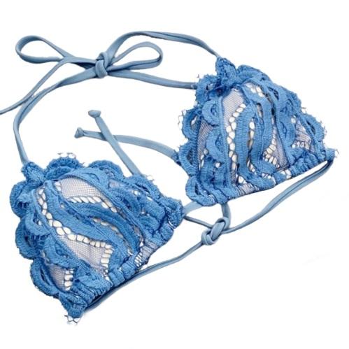 NWOT Pilyq Sky Blue Lace M Solid Halter Triangle Bikini Swim Top #106498