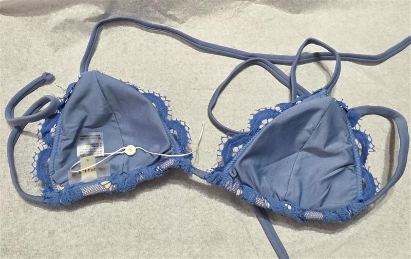 NWOT Pilyq Sky Blue Lace M Solid Halter Triangle Bikini Swim Top #106498