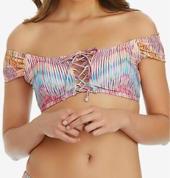 NWT Raisins Orange Orchid M Striped Off-Shoulder Bandeau Bikini Swim Top #106564