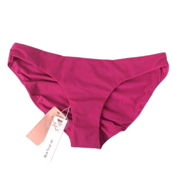 NWT Pilyq Magenta L Solid Pink Ruched Cheeky Bikini Swim Bottom #106601