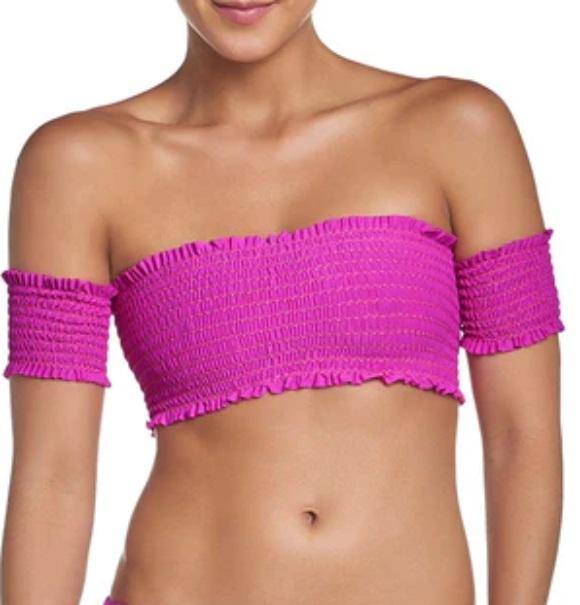 NWT Pilyq Fuchsia M Solid Smocked Off-Shoulder Bandeau Bikini Swim Top #106744