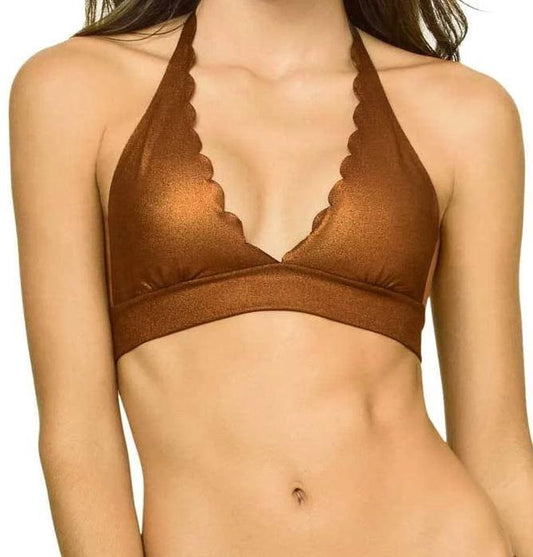 NWT Pilyq Copper D Cup Halter Scallop V-Neck Triangle Bikini Swim Top #106751