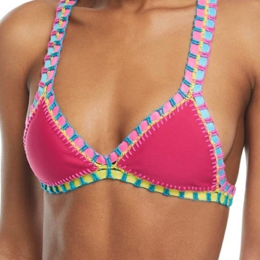 NWT Pilyq Platinum Magenta M Crochet Trim Triangle Bikini Swim Top #106759