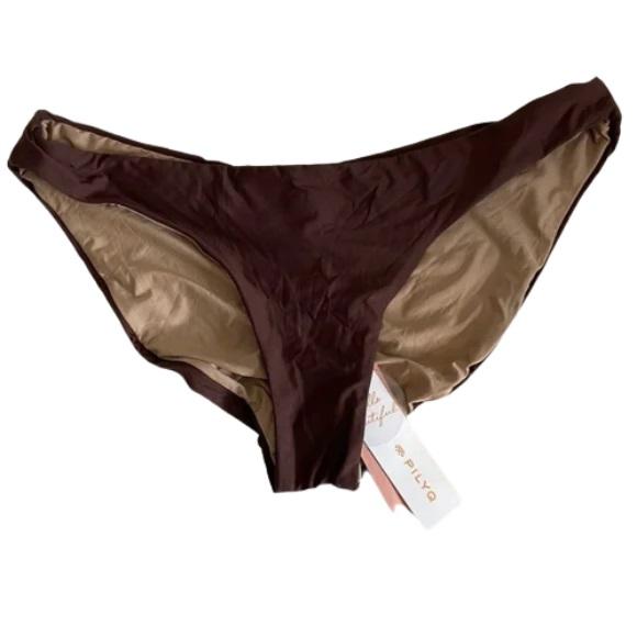 NWT Pilyq Moka L Solid Brown Ruched Cheeky Bikini Swim Bottom #106789