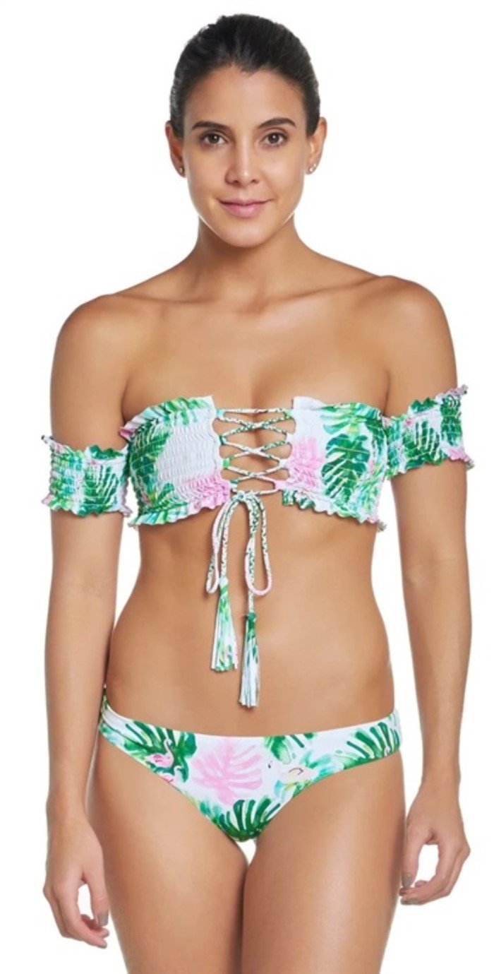 Pilyq Mingos L Palm Smocked Off-Shoulder Reversible Bandeau Bikini Top 106849