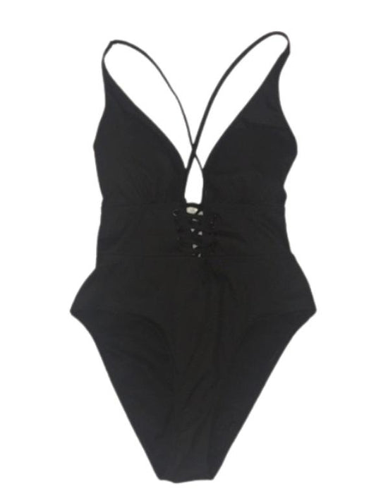 NWT Cacelin Halley S Solid Black Ribbed Plunging One-Piece Swimsuit #107018