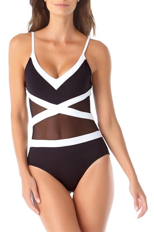 NWT Anne Cole Color Block SZ 10 Sheer V-Neck Onepiece Swimsuit #96792