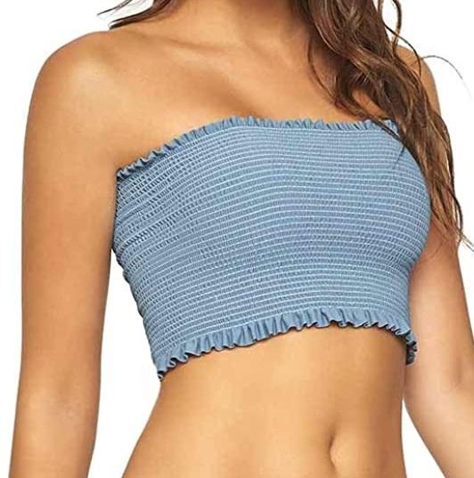 NWT Pilyq Sky Blue S Solid Smocked Strapless Bandeau Bikini Swim Top #109544