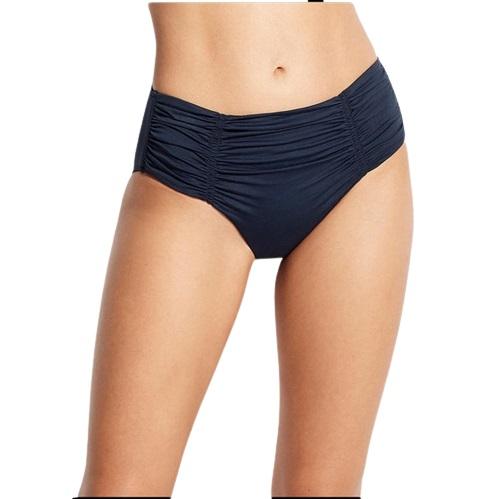 NWOT Seafolly Solid Navy SZ 12 Shirred High-Waisted Bikini Swim Bottom #109604