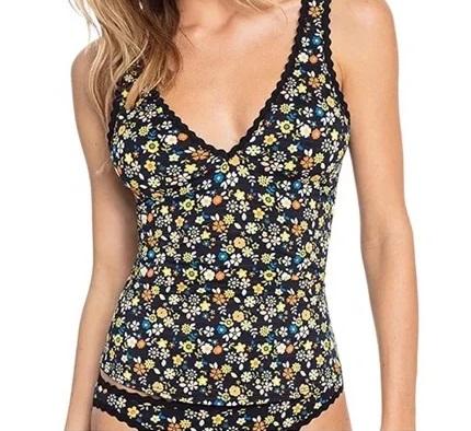NWOT Robin Piccone Sabina M Black Floral Halter Tankini Swim Top #109606