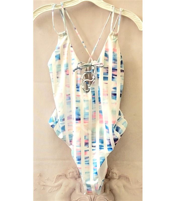 NWT BeachLingo Tie-Dye Stripe M Halter Criss-Cross One-Piece Swimsuit #109616
