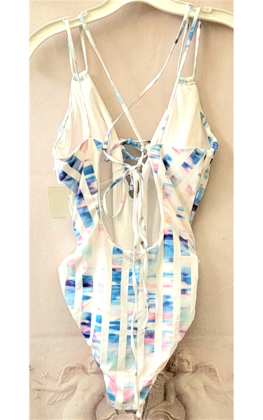 NWT BeachLingo Tie-Dye Stripe M Halter Criss-Cross One-Piece Swimsuit #109616