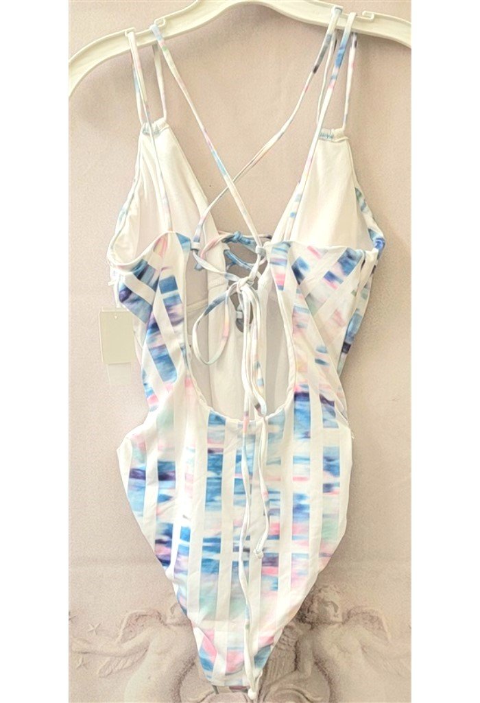 NWT Beach Lingo Tie-Dye Stripe XL Halter Criss-Cross One-Piece Swimsuit #109618