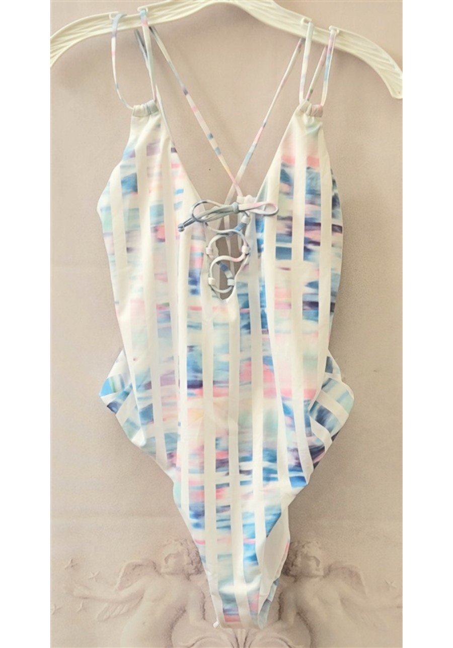 NWT Beach Lingo Tie-Dye Stripe XL Halter Criss-Cross One-Piece Swimsuit #109618