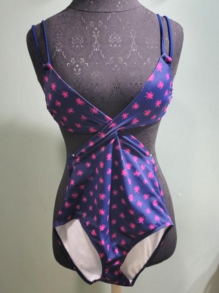 NEW Lands End 6 Wrap One Piece Monokini Cutout Swimsuit Navy Starburst #109810