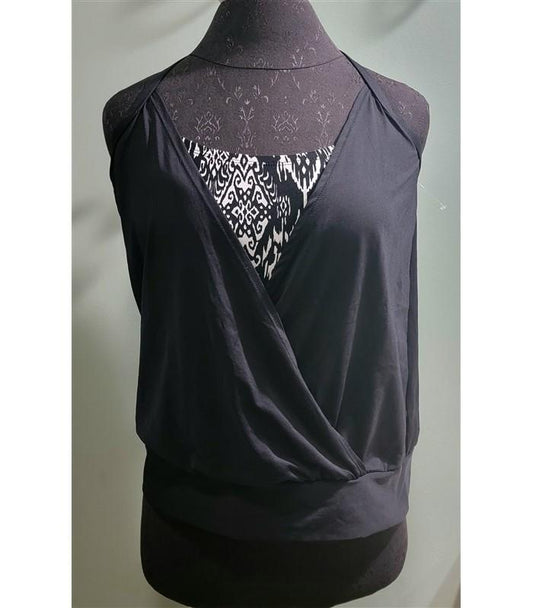 New Next Athena M Crisscross Double Up Tankini Halter Top Black Wht Ikat #109822