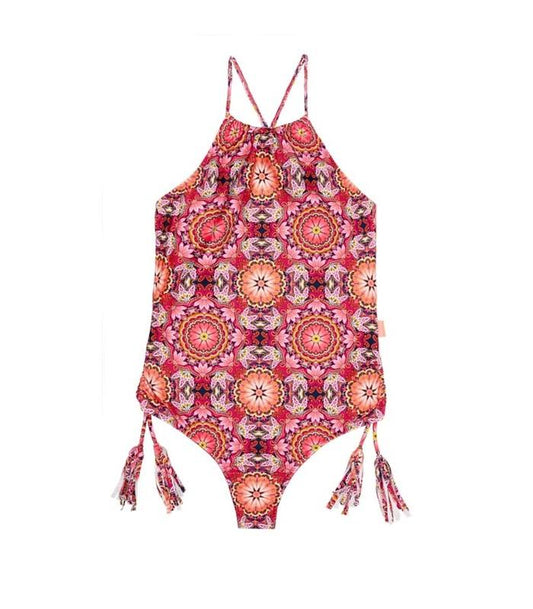 NEW Seafolly Girls 12 Paisley Park Tile Keyhole Fringe One Piece Swimsuit 109944
