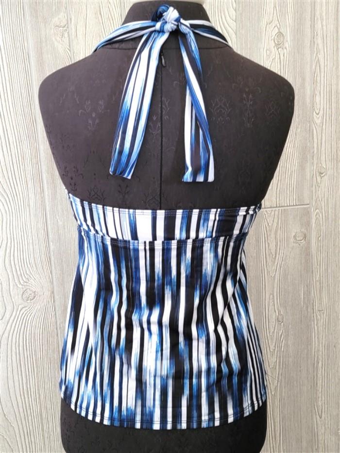 NWOT Athena 6 Plunging Halter Tankini Swim Top Blue & White Stripe #110112