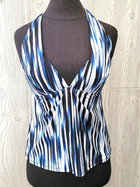 NWOT Athena 6 Plunging Halter Tankini Swim Top Blue & White Stripe #110112