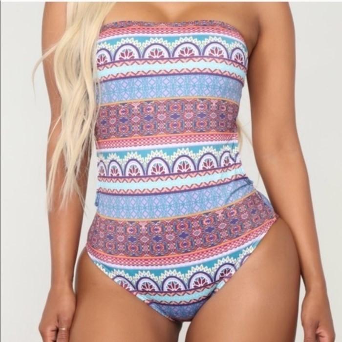 NEW Fashion Nova L Aztec Medallion BOHO Cut Out Back Bandeau Swimsuit #110149