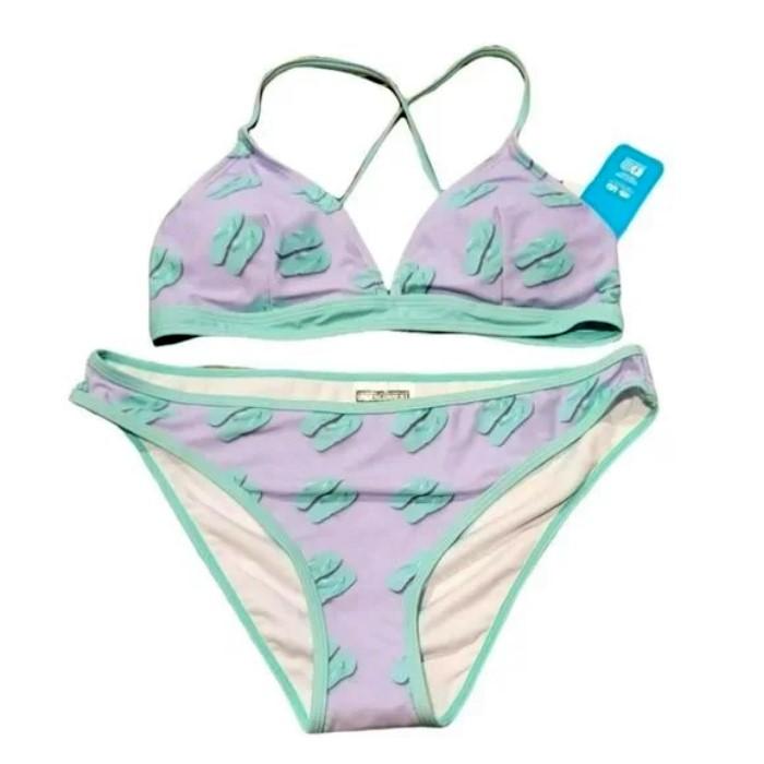 NWT Undercurrent Juniors LG Purple Mint Flip Flops 2 Pc Triangle Bikini #110185