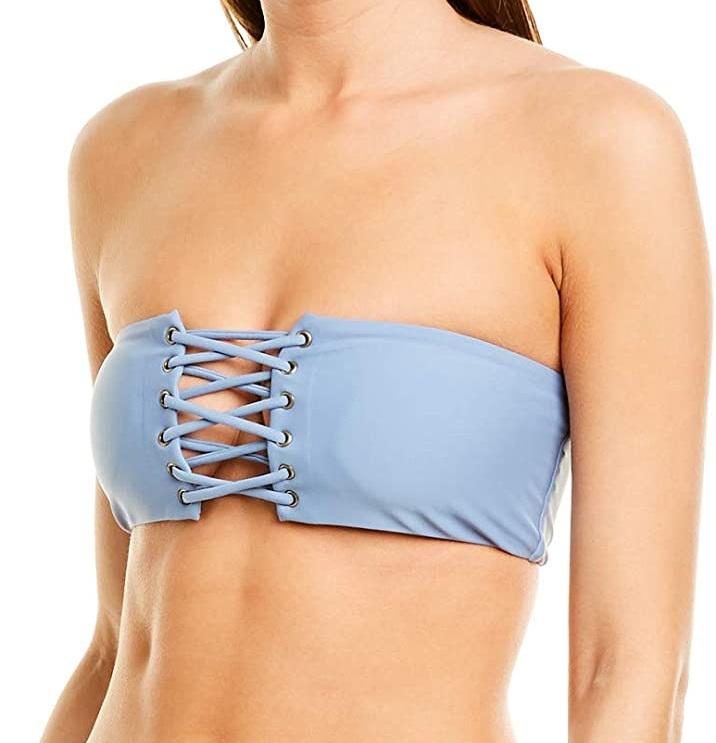 NWT Pilyq PQ Sky Blue L Solid Lace Up Strapless Bandeau Bikini Swim Top #110284