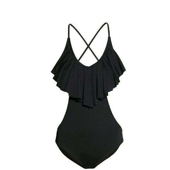 NWOT H&M 12 Ruffle Rivera Ready 1PC Monokini Cutout Swimsuit Black 110522