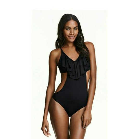 NWOT H&M 12 Ruffle Rivera Ready 1PC Monokini Cutout Swimsuit Black 110522