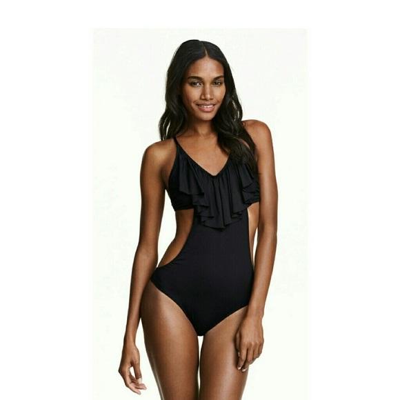 NWOT H&M 8 Ruffle Rivera Ready 1PC Monokini Cutout Swimsuit Black 110529