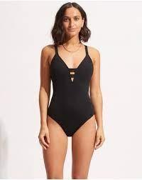 NWOT Seafolly Collective Deep 4 USA Black V-Neck One-Piece Swimsuit 110559