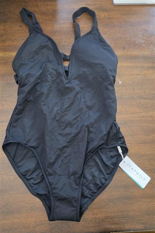 NWOT Seafolly Collective Deep 4 USA Black V-Neck One-Piece Swimsuit 110559