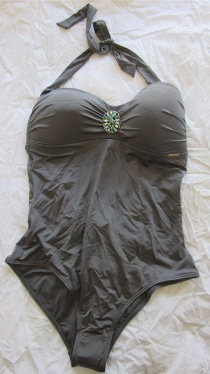 NWT Sappho Beach Tamboo Beach M Solid Gray Halter One-Piece Swimsuit #110577