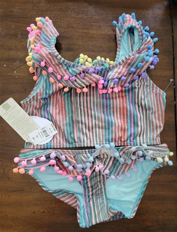 NWT Pilyq 16 Girls Stripe Pom Pom Tankini Swim Bikini 110791