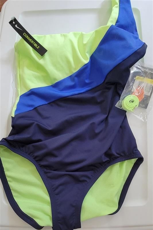 NWT Nike S Colorblocked Asymmetrical 1PC Swimsuit Blue Green 110852