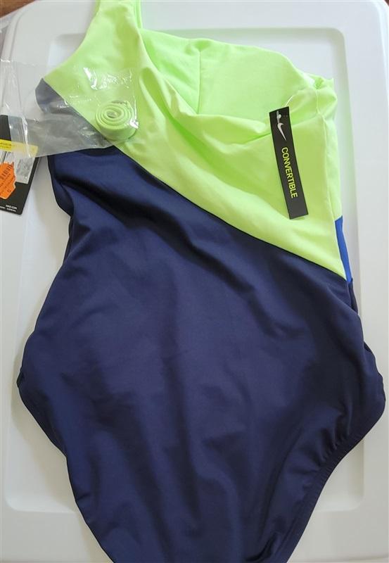 NWT Nike S Colorblocked Asymmetrical 1PC Swimsuit Blue Green 110852