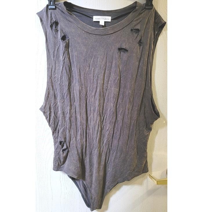 New Honey Punch Anthropologie L Distressed Black Acid Wash Tank Bodysuit #110940