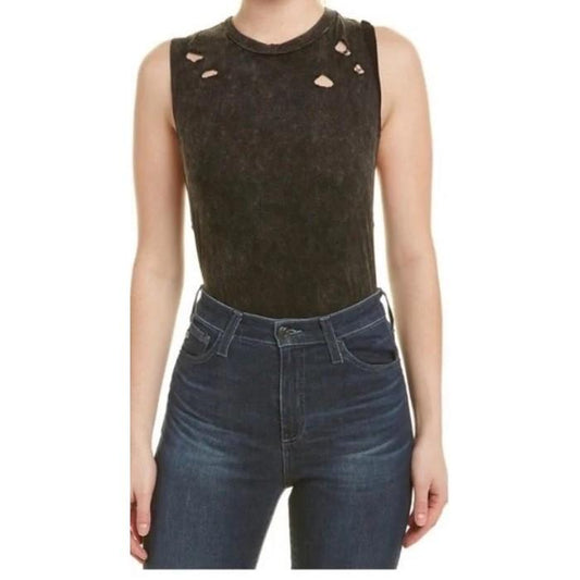 New Honey Punch Anthropologie L Distressed Black Acid Wash Tank Bodysuit #110940