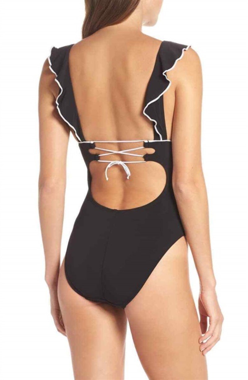 NWT Robin Piccone 12 Malia Ruffle 1PC Swimsuit 191212 Black 110953