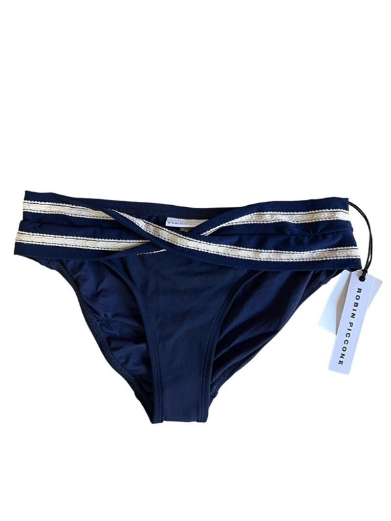 NWT Robin Piccone Abi XS Solid Navy Twist Band Bikini Swim Bottom 111056