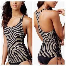 NWT MICHAEL KORS M Tankini Quincy Zebra Stripe Tankini Swim Top 111119