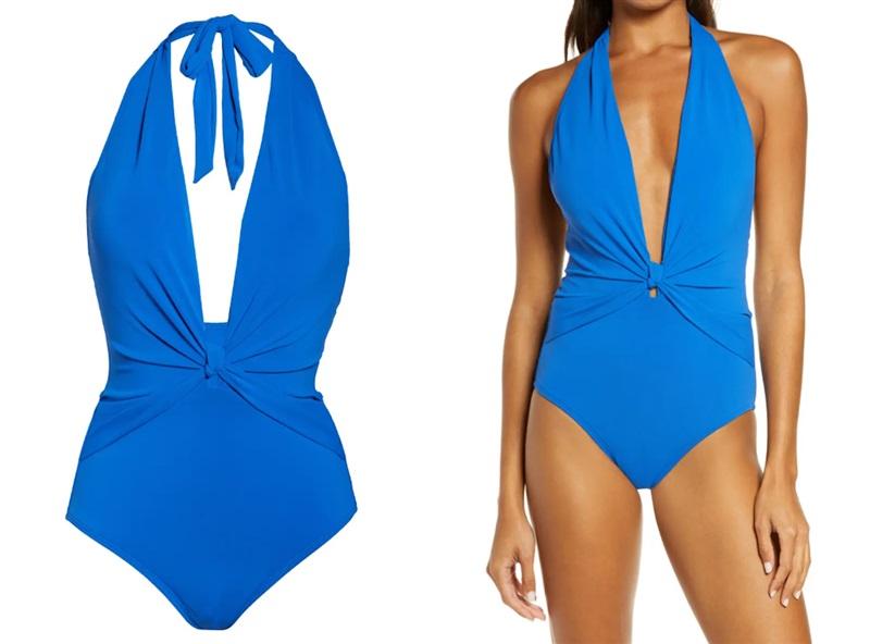 NWOT Robin Piccone 14 Olivia Deep V Twist ONE-PIECE Blue Swimsuit 111226